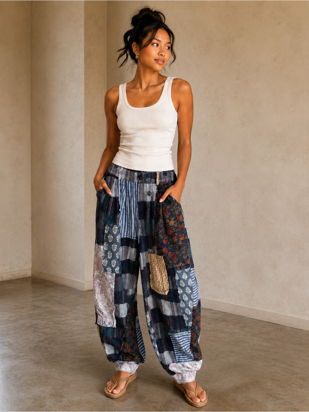 287. Women's Boho 100% COTTON Patchwork Wide-Leg Pants - Cream/Multicolor